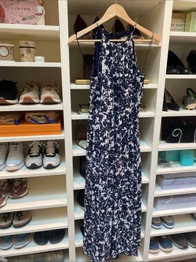 DKNY - Navy & White Floral Halter Maxi Dress. NWOT. Size 2
